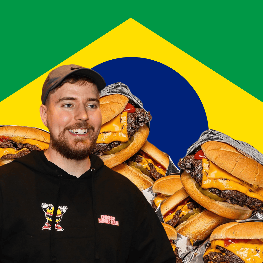 Arte de Mr Beast com bandeira brasileira de fundo e hambúrgueres