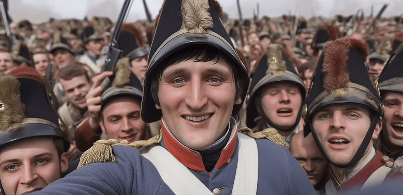 Imagem de selfie pela por AI mostrando Napoleão Bonaparte e outros membros do exército francês